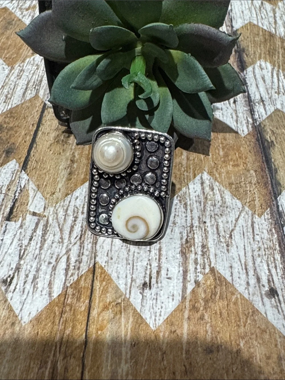 Silver Shell & Pearl Accent Ring